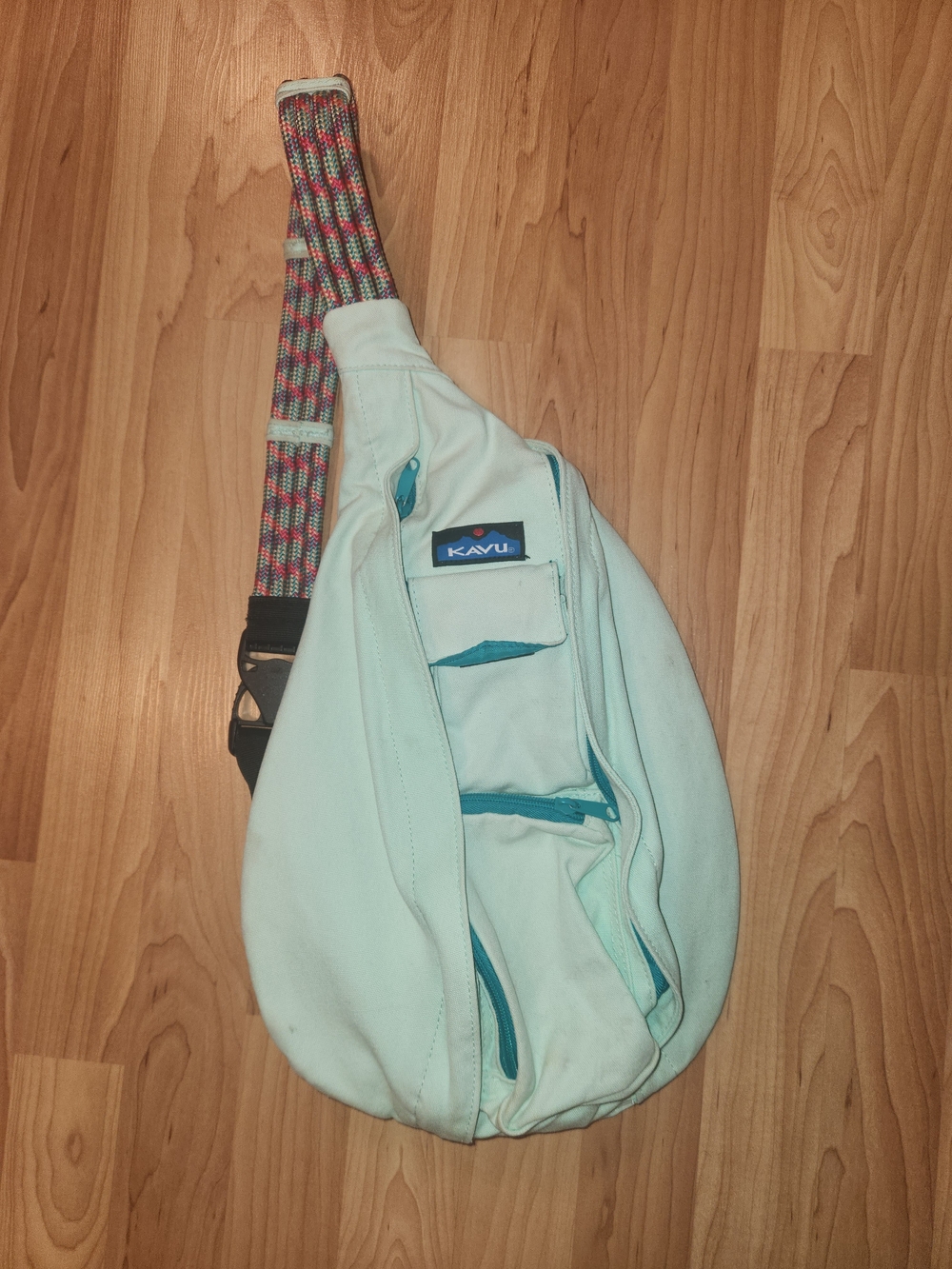 Kavu Mint Green Rope Sling Bag with Multicolor Strap